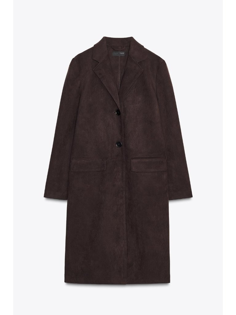 Zara Womes Coat Long Jacket M Medium Chocolate Brown Faux Suede 4344/626 Nwt